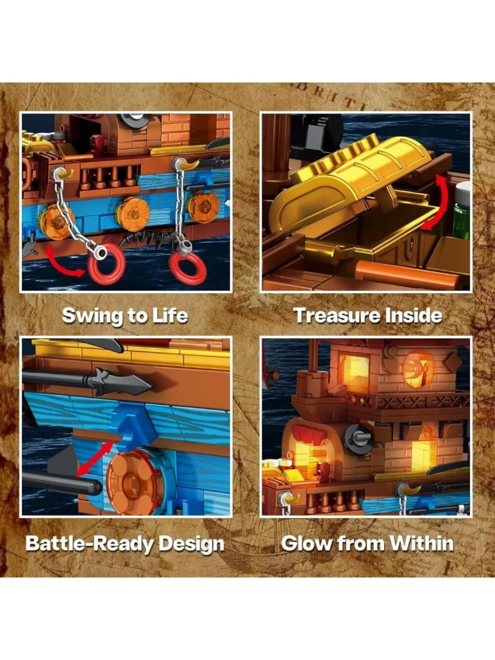 LED Lighted Pirate Ship Building Kit - 916PCS Blocks Set with Treasure Chest